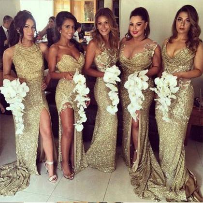 Bridesmaid Dresses Golden Split Front Court O-neck..