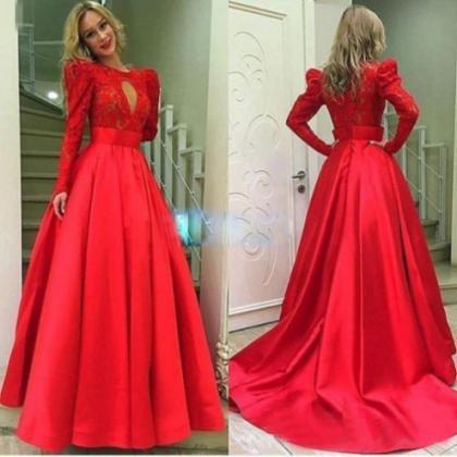 Red Long Sleeves Ball Gown Satin Prom Dresses 2017..