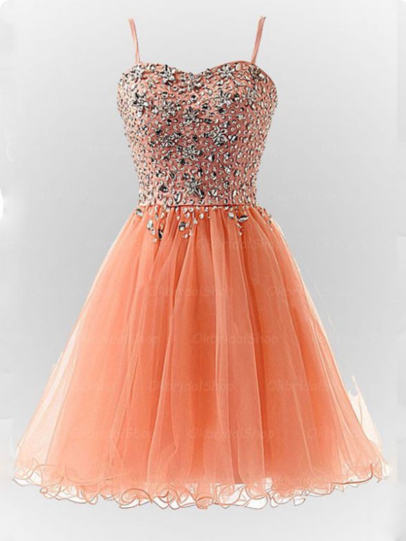 Spaghetti Strap Sweetheart Short Tulle Homecoming Party Dress With Jeweled Bodice
