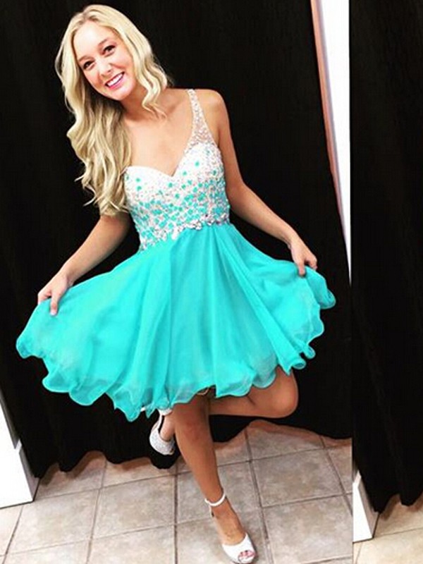 Homecoming Dresses Mint Homecoming Dresses A Lines Sleeveless One Shoulder Hollow Crystal Beads Ruffle Short