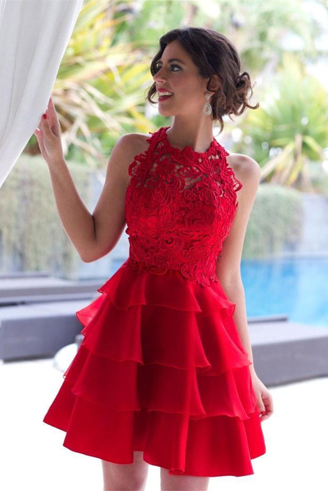 Lace/satin Homecoming Dresses Red Homecoming Dresses A Line Sleeveless Haltered Zippers Lace Short
