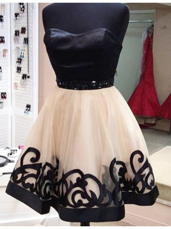 Tulle Homecoming Dresses Champagne Homecoming Dresses A-line/column Sleeveless Sweetheart Neckline Zipper-up Lace Above-knee