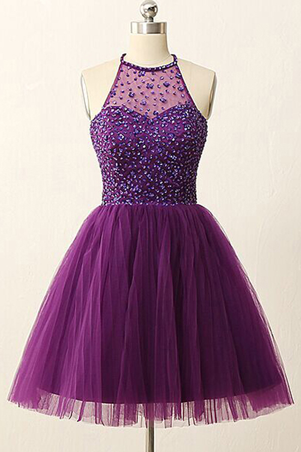 Sweet Sixteen Dresses Dresses Purple Paillette Short Haltered A Line Open Back Sleeveless