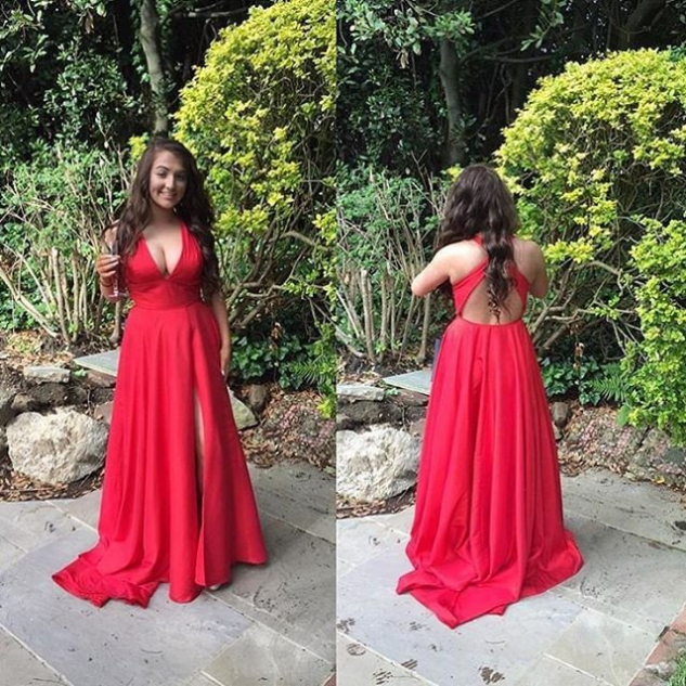 Red Empire Waist Front-Slit Satin Prom 