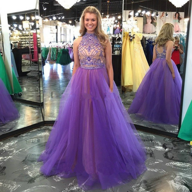 Purple Crystal Detailing High Neck Ball Gown Tulle Prom Dresses 2017 #sku:102705